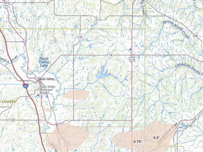 Radar-estimated hail-size map of the storm over Stratford, OK on May 10, 2026