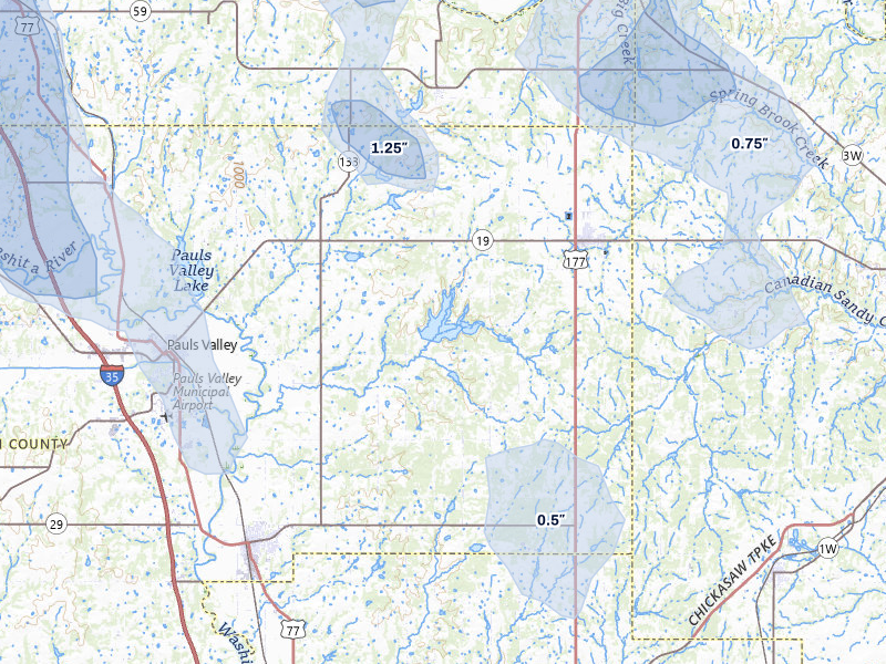 NEXRAD radar-signature map of the hail over Stratford, OK