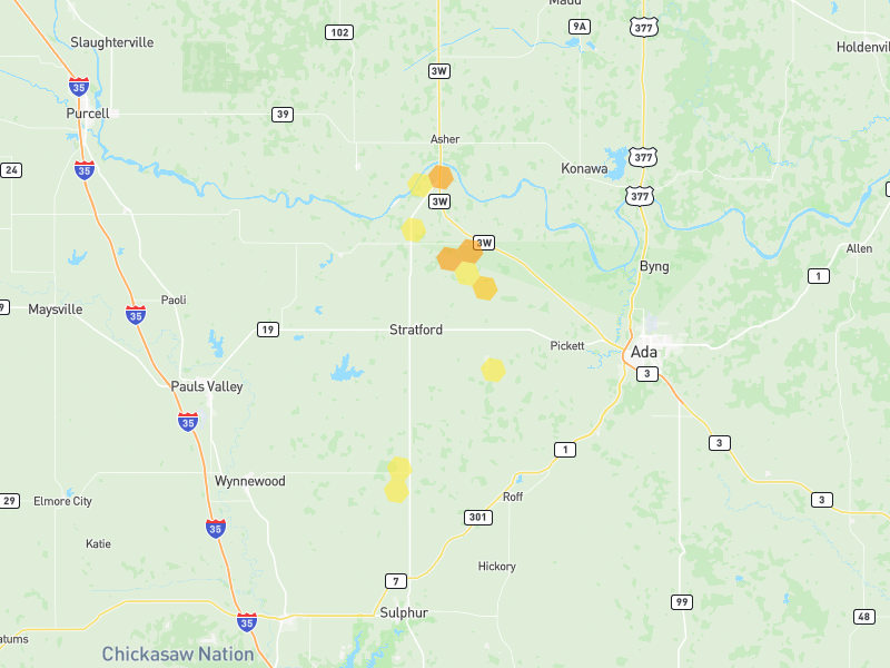 Hail map of Stratford, OK on Jul 5, 2026, hail up to 1.25"