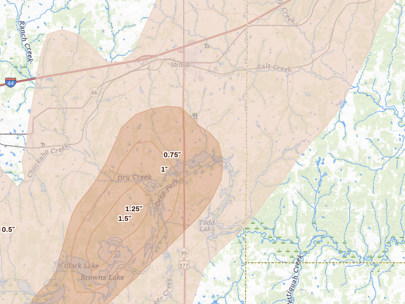 Radar-estimated hail-size map of the storm over Stroud, OK on Mar 6, 2026