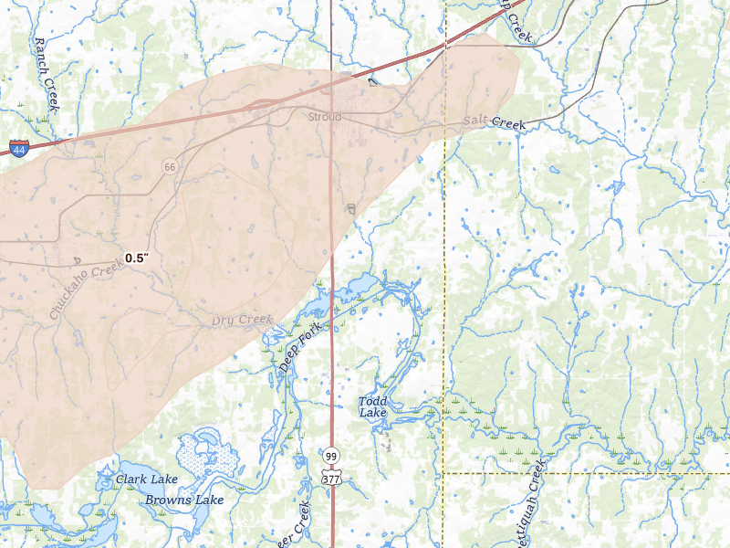 Radar-estimated hail-size map of the storm over Stroud, OK on Mar 10, 2026