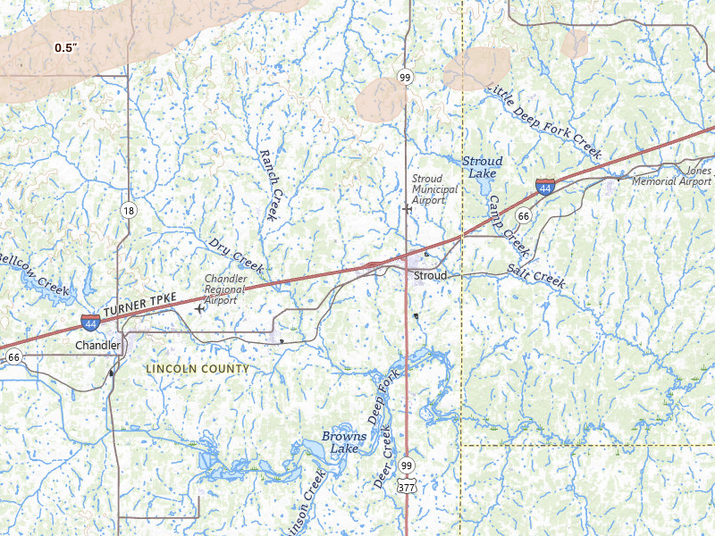 Radar-estimated hail-size map of the storm over Stroud, OK on Apr 28, 2026