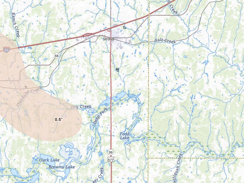 Radar-estimated hail-size map of the storm over Stroud, OK on May 8, 2026