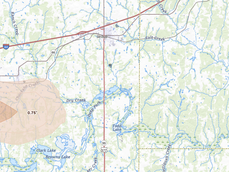 Radar-estimated hail-size map of the storm over Stroud, OK on Jun 26, 2026