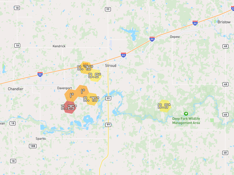 Hail map of Stroud, OK on Jun 27, 2026, hail up to 2.25"