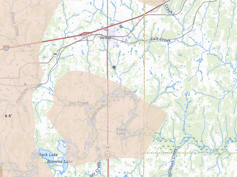 Radar-estimated hail-size map of the storm over Stroud, OK on Jul 4, 2026