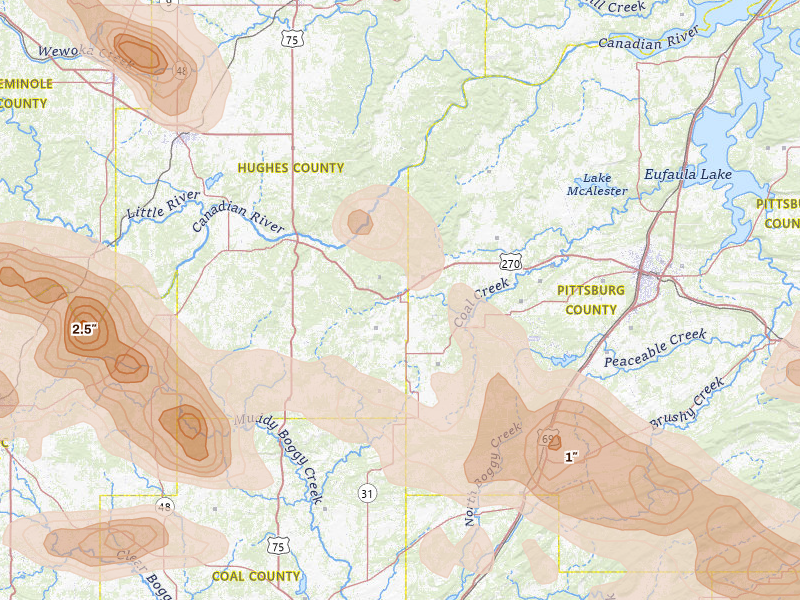Radar-estimated hail-size map of the storm over Stuart, OK on Apr 24, 2026