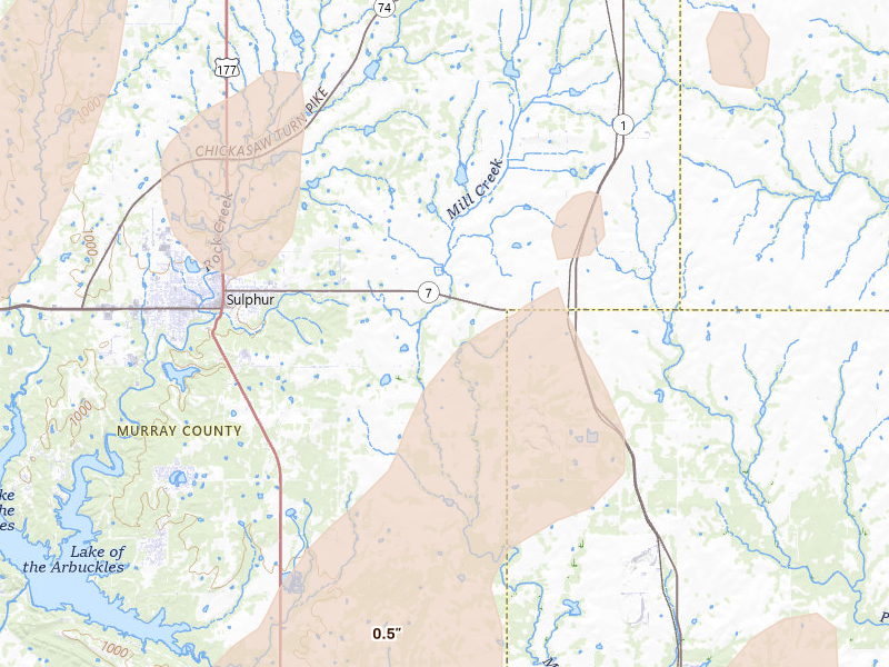 Radar-estimated hail-size map of the storm over Sulphur, OK on Mar 6, 2026