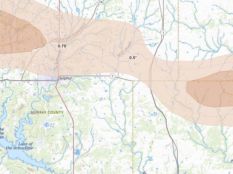 Radar-estimated hail-size map of the storm over Sulphur, OK on Apr 24, 2026