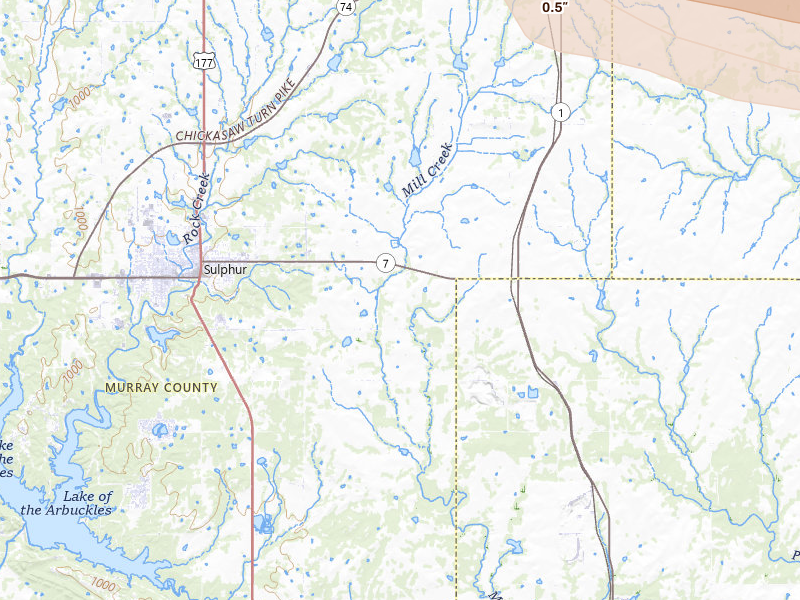 Radar-estimated hail-size map of the storm over Sulphur, OK on Apr 25, 2026