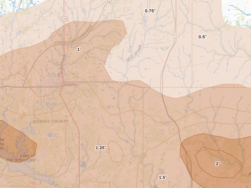 Radar-estimated hail-size map of the storm over Sulphur, OK on Apr 28, 2026