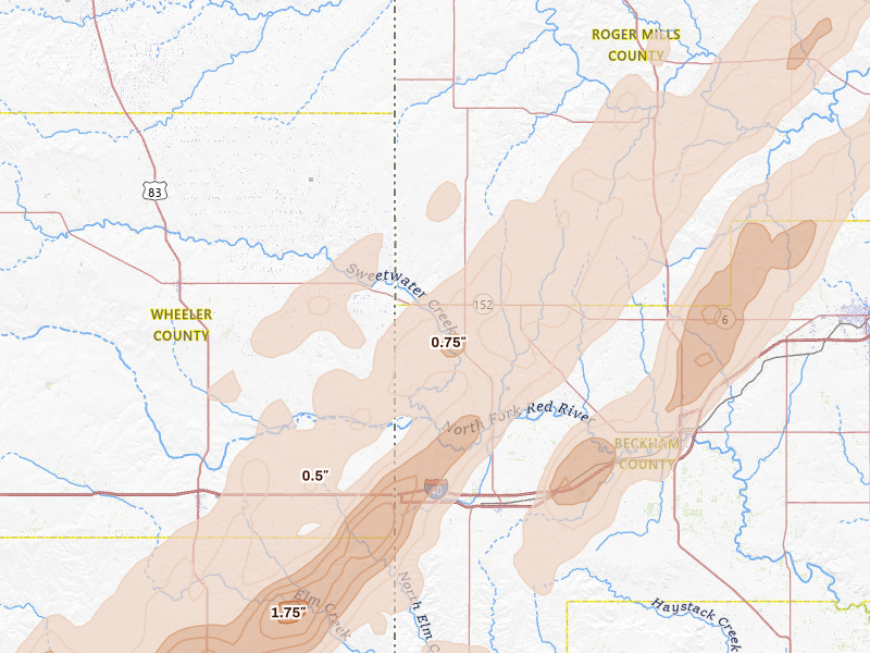 Radar-estimated hail-size map of the storm over Sweetwater, OK on Mar 5, 2026
