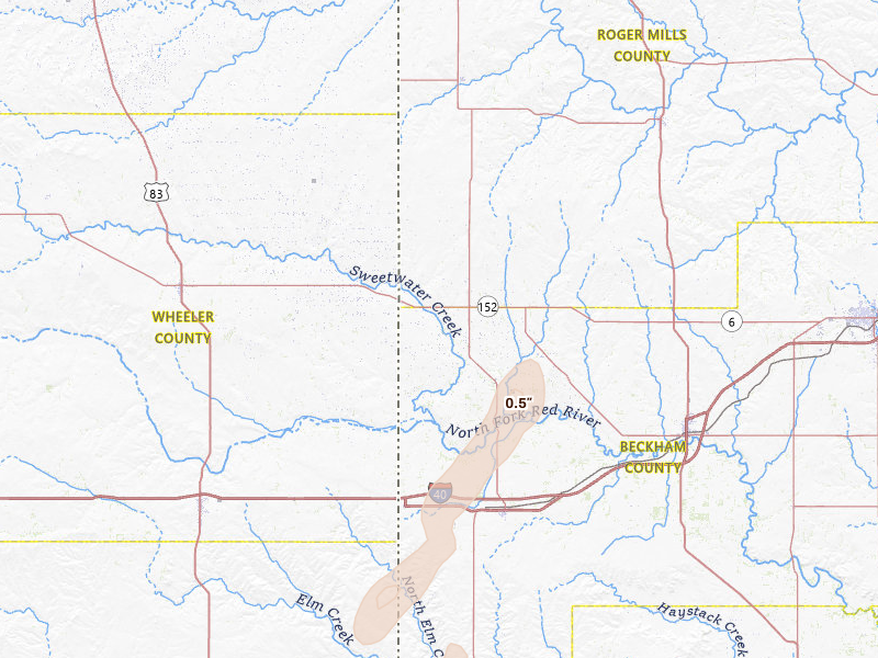 Radar-estimated hail-size map of the storm over Sweetwater, OK on Apr 1, 2026