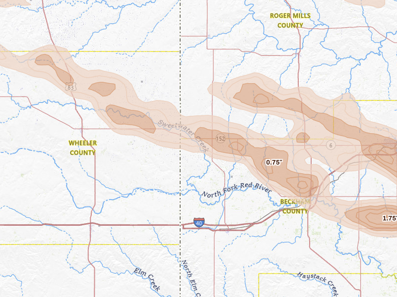 Radar-estimated hail-size map of the storm over Sweetwater, OK on May 9, 2026
