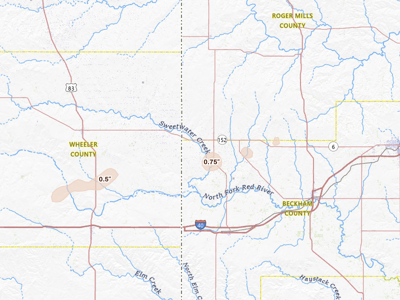 Radar-estimated hail-size map of the storm over Sweetwater, OK on May 22, 2026