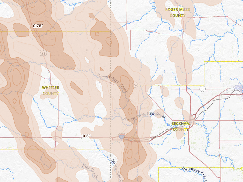 Radar-estimated hail-size map of the storm over Sweetwater, OK on Jun 23, 2026