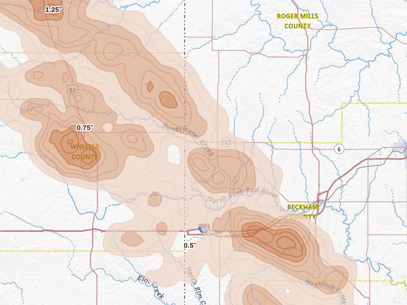 Radar-estimated hail-size map of the storm over Sweetwater, OK on Jun 25, 2026