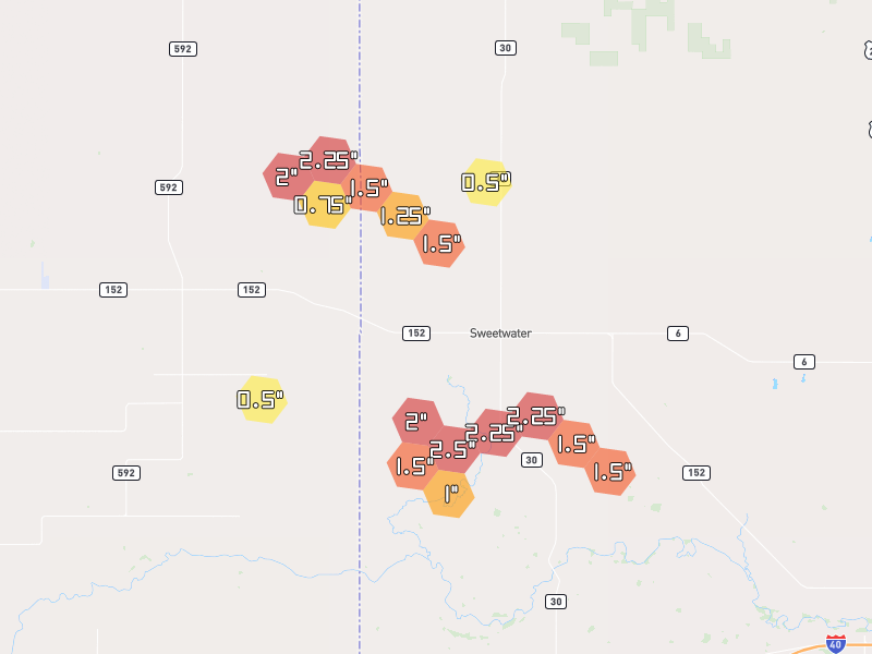 Hail map of Sweetwater, OK on Jun 26, 2026, hail up to 2.5"
