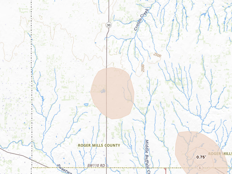 Radar-estimated hail-size map of the storm over Sweetwater, OK on Aug 26, 2026