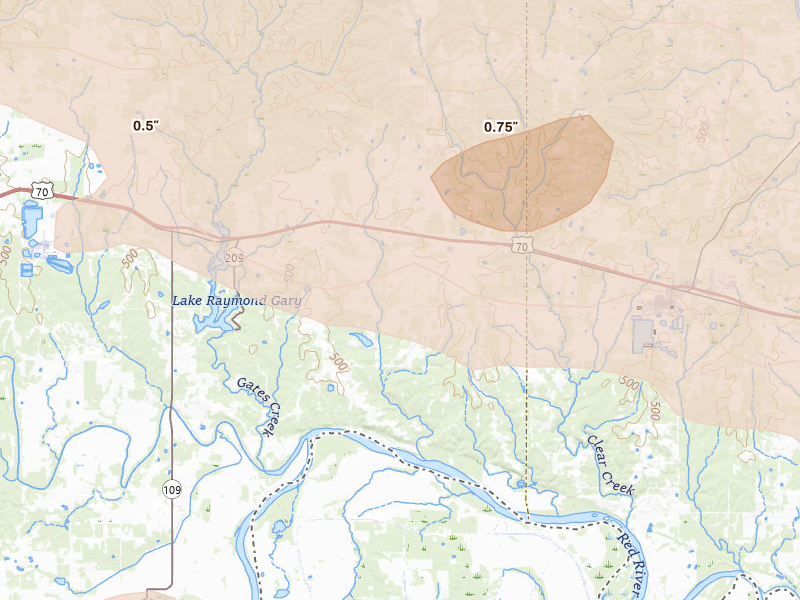 Radar-estimated hail-size map of the storm over Swink, OK on Apr 28, 2026