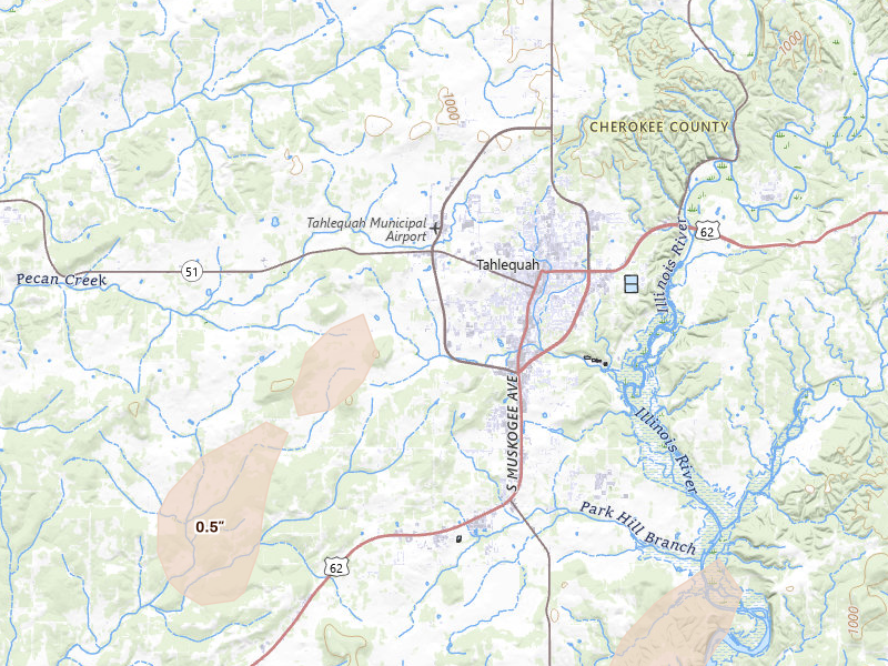 Radar-estimated hail-size map of the storm over Tahlequah, OK on Mar 6, 2026