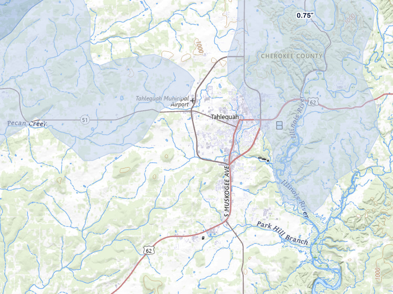 NEXRAD radar-signature map of the hail storm over Tahlequah, OK on Apr 28, 2026