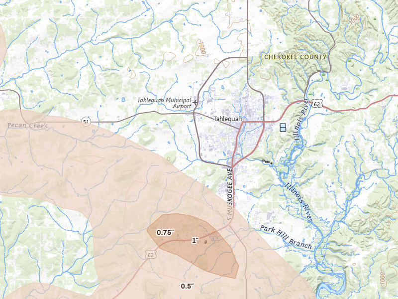 Radar-estimated hail-size map of the storm over Tahlequah, OK on May 8, 2026