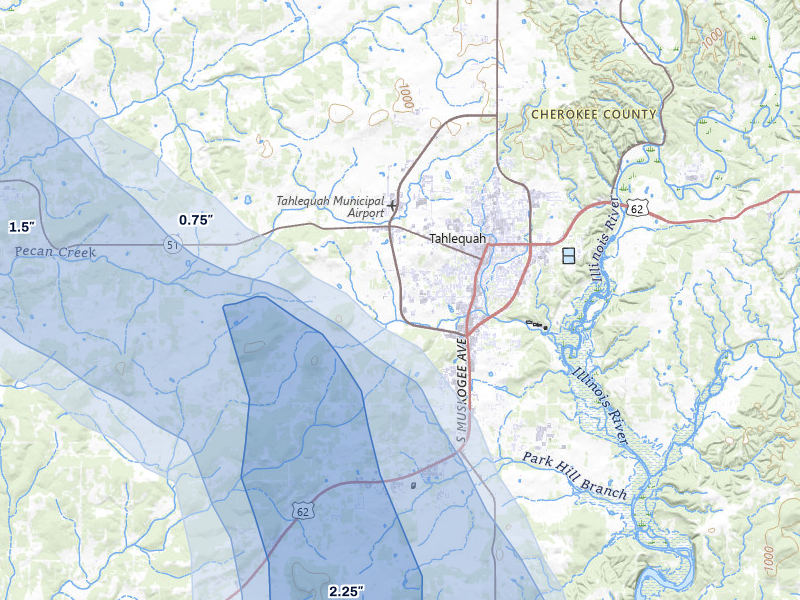 NEXRAD radar-signature map of the hail storm over Tahlequah, OK on May 8, 2026
