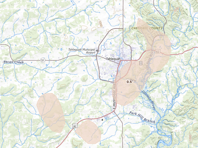 Radar-estimated hail-size map of the storm over Tahlequah, OK on Jun 2, 2026