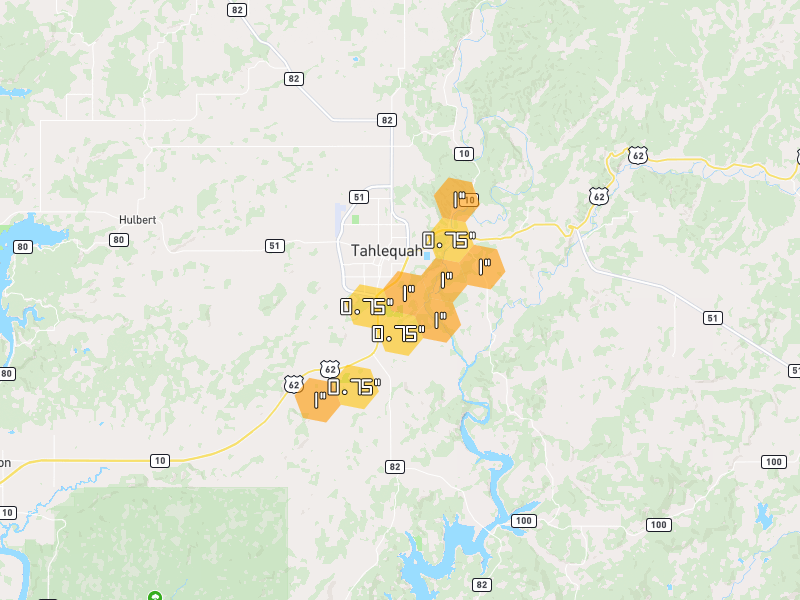 Hail map of Tahlequah, OK on Jun 3, 2026, hail up to 1"