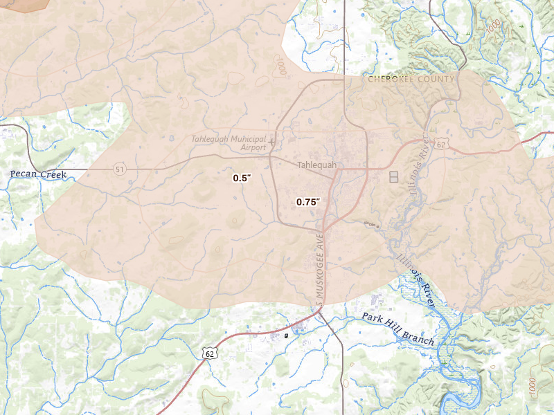 Radar-estimated hail-size map of the storm over Tahlequah, OK on Jun 11, 2026