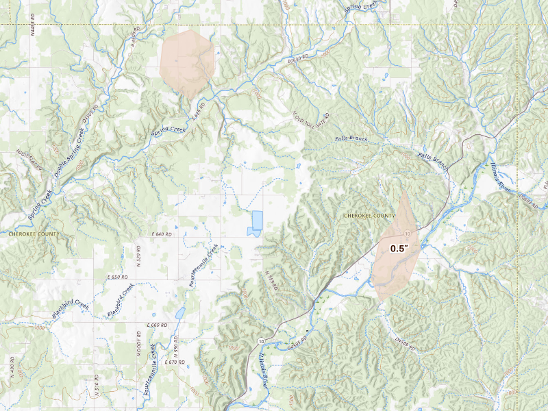 Radar-estimated hail-size map of the storm over Tahlequah, OK on Jun 21, 2026