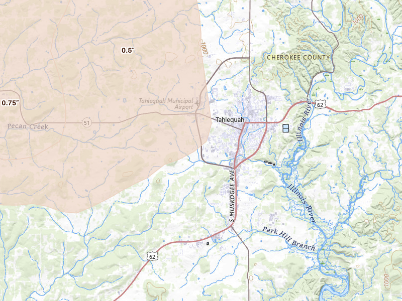 Radar-estimated hail-size map of the storm over Tahlequah, OK on Jun 25, 2026