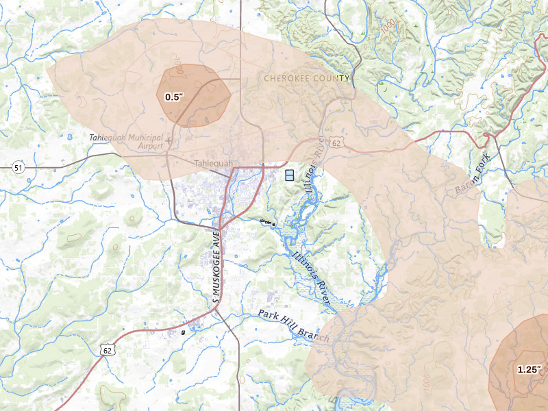 Radar-estimated hail-size map of the storm over Tahlequah, OK on Aug 17, 2026