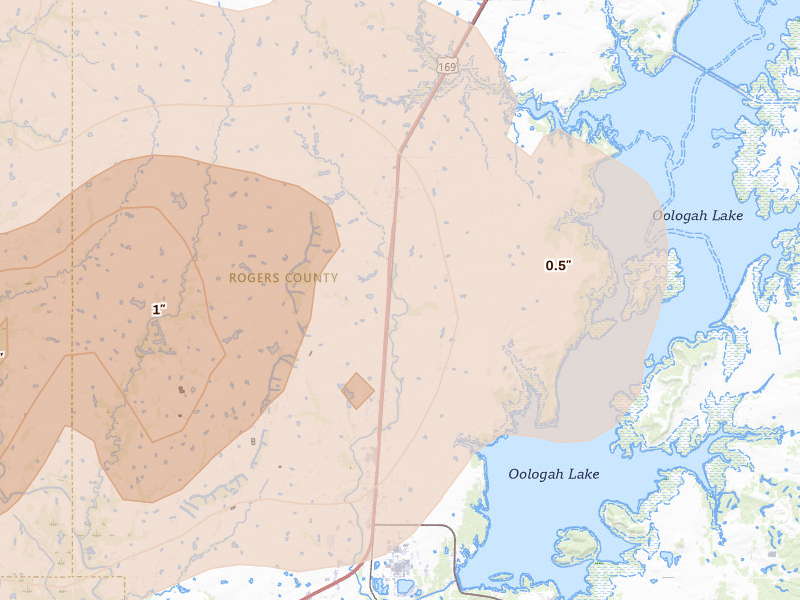 Radar-estimated hail-size map of the storm over Talala, OK on Apr 23, 2026