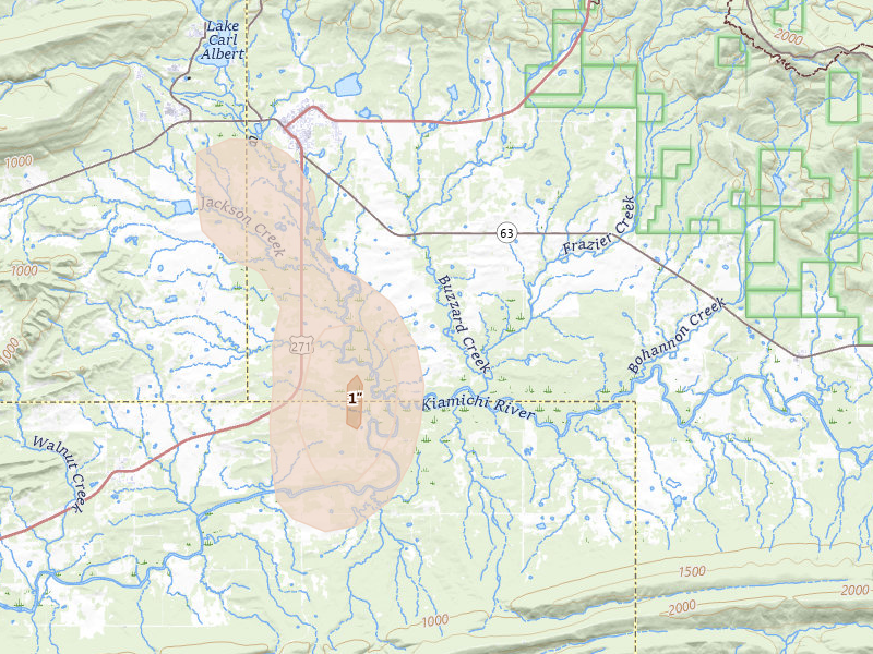 Radar-estimated hail-size map of the storm over Talihina, OK on Aug 20, 2026