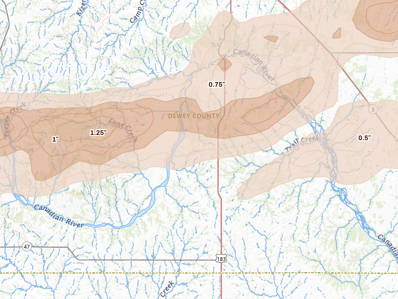 Radar-estimated hail-size map of the storm over Taloga, OK on Apr 17, 2026