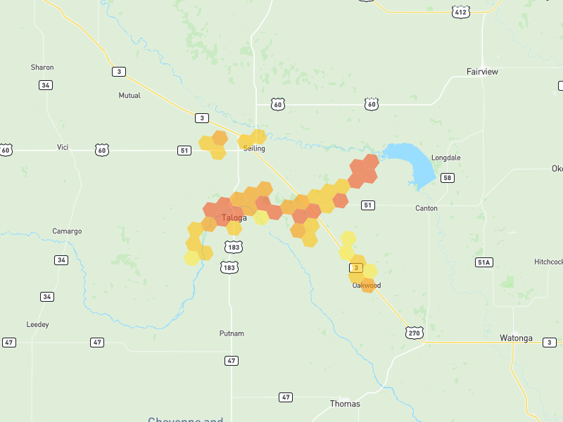 Hail map of Taloga, OK on Jun 1, 2026, hail up to 1.75"