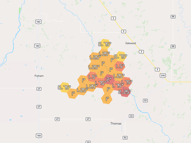Hail map of Taloga, OK on Jun 2, 2026, hail up to 2.25"
