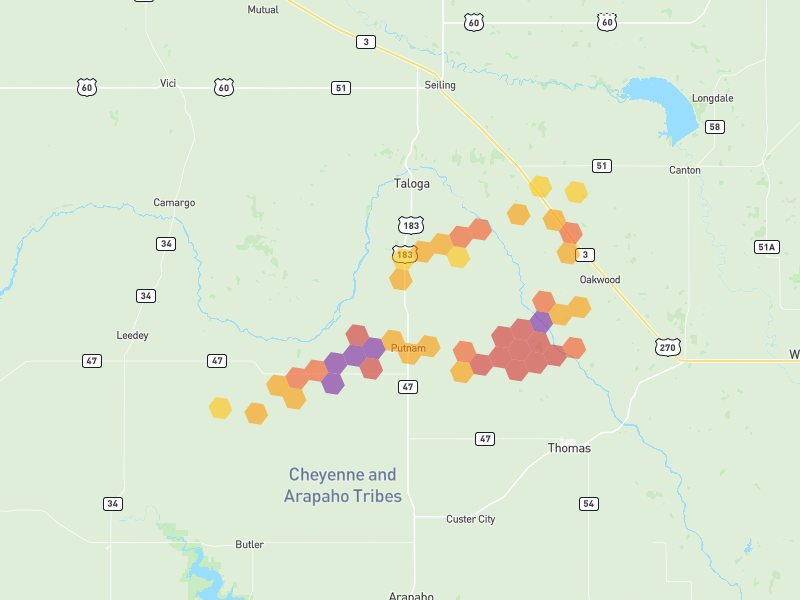 Hail map of Taloga, OK on Jun 27, 2026, hail up to 3.25"