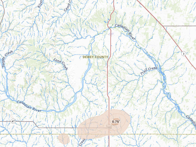 Radar-estimated hail-size map of the storm over Taloga, OK on Jul 12, 2026