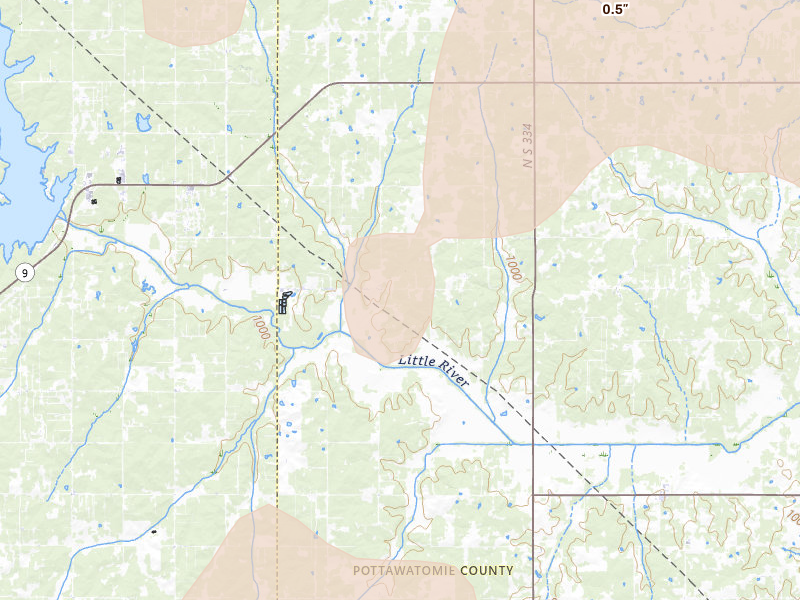 Radar-estimated hail-size map of the storm over Tecumseh, OK on Jul 4, 2026