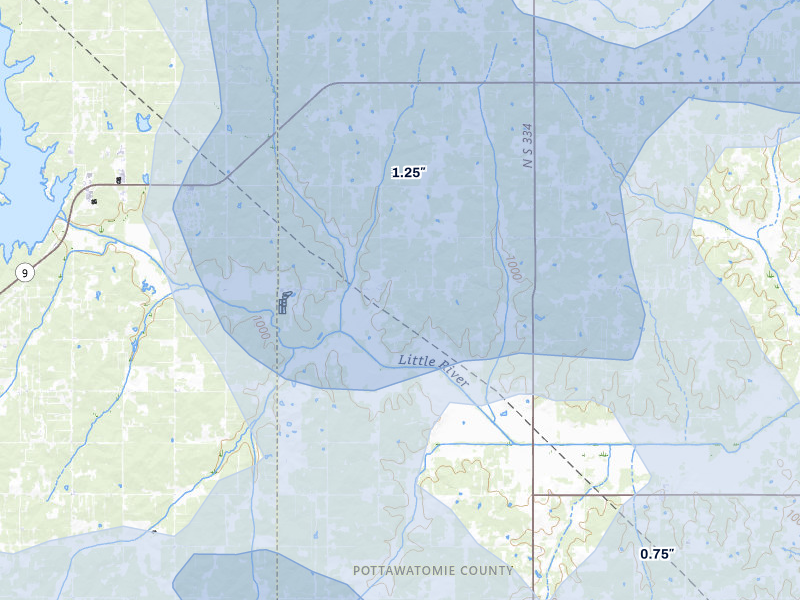NEXRAD radar-signature map of the hail over Tecumseh, OK