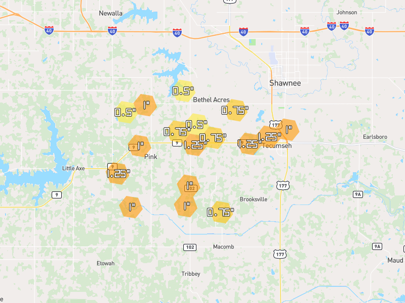Hail map of Tecumseh, OK on Jul 5, 2026, hail up to 1.25"