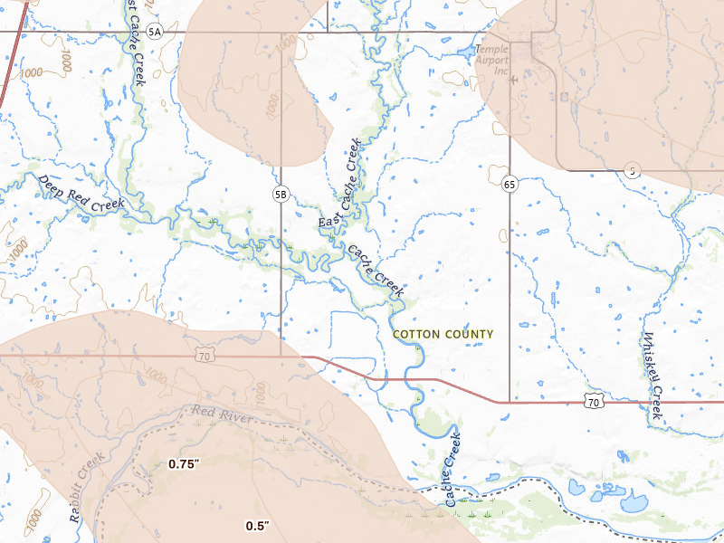 Radar-estimated hail-size map of the storm over Temple, OK on Jun 18, 2026