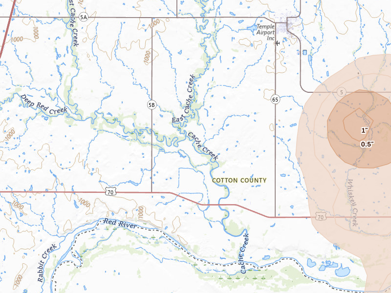 Radar-estimated hail-size map of the storm over Temple, OK on Jul 5, 2026