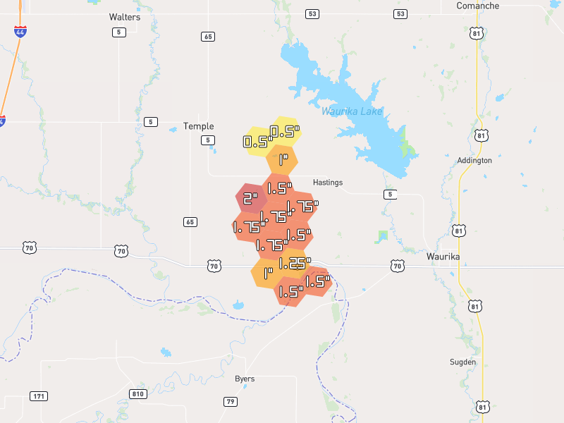 Hail map of Temple, OK on Jul 5, 2026, hail up to 2"