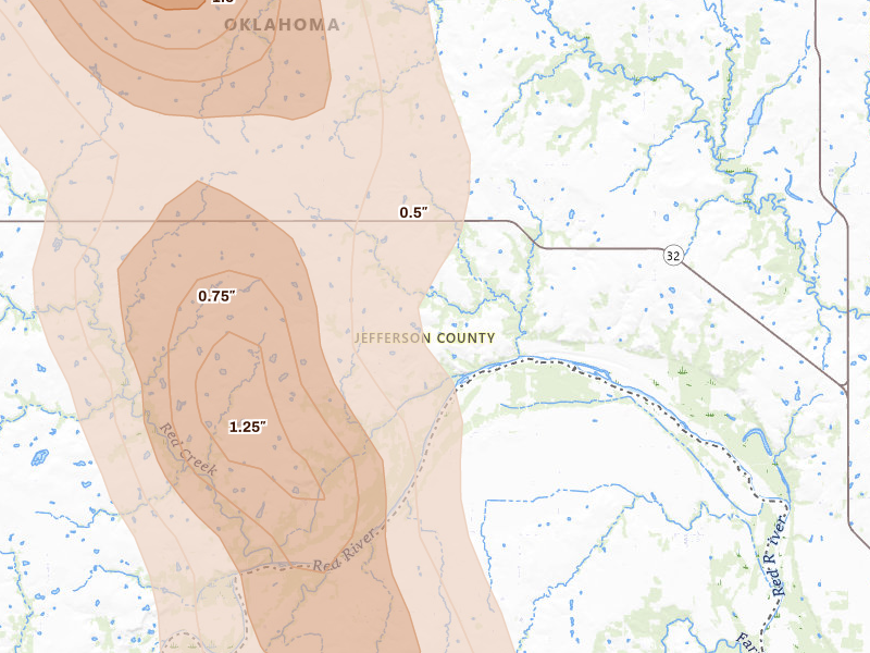 Radar-estimated hail-size map of the storm over Terral, OK on May 8, 2026