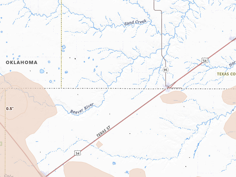 Radar-estimated hail-size map of the storm over Texhoma, OK on Jun 26, 2026