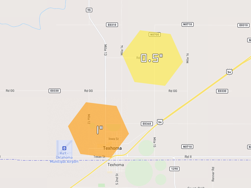 Hail map of Texhoma, OK on Jun 27, 2026, hail up to 1"